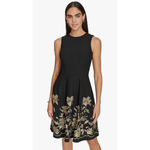 Calvin Klein Black with Gold Embroidery A Line Dress NEW!